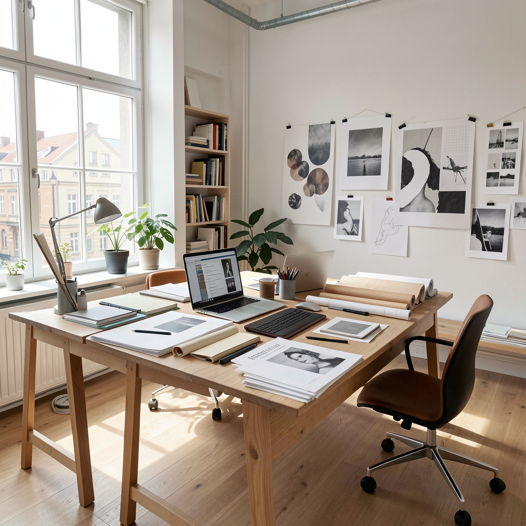 Modern creative studio workspace in Oslo with design materials and natural light